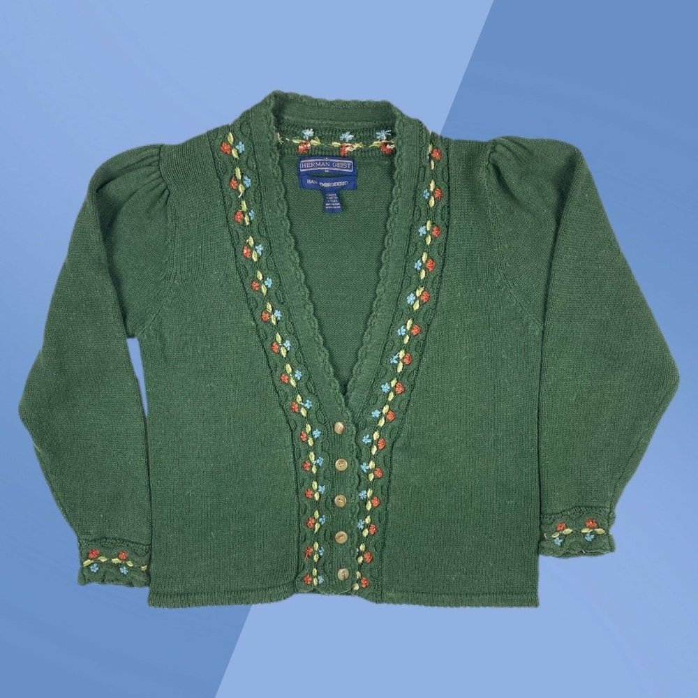 Vintage Herman Geist Green Floral Hand Embroidered Knit L/S Cardigan Women's M